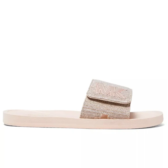 Michael Kors MK Logo Rhinestone Pool Slide Sandals White Gold - Picture 2 of 6